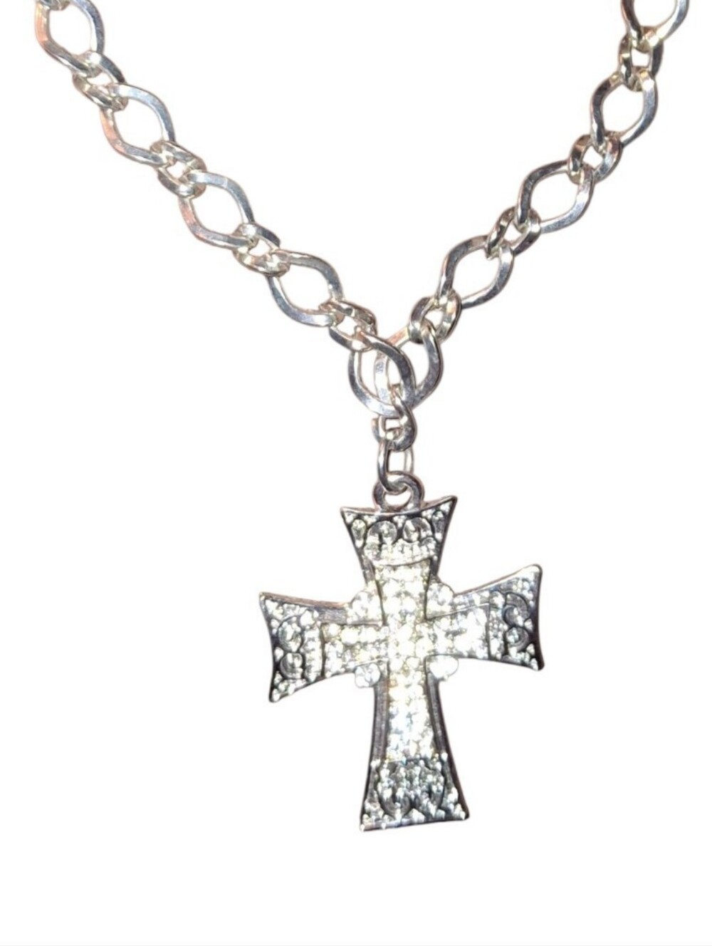 Gothic Silvertone Cross Pendant Necklace Choker Collar Crystal Accent